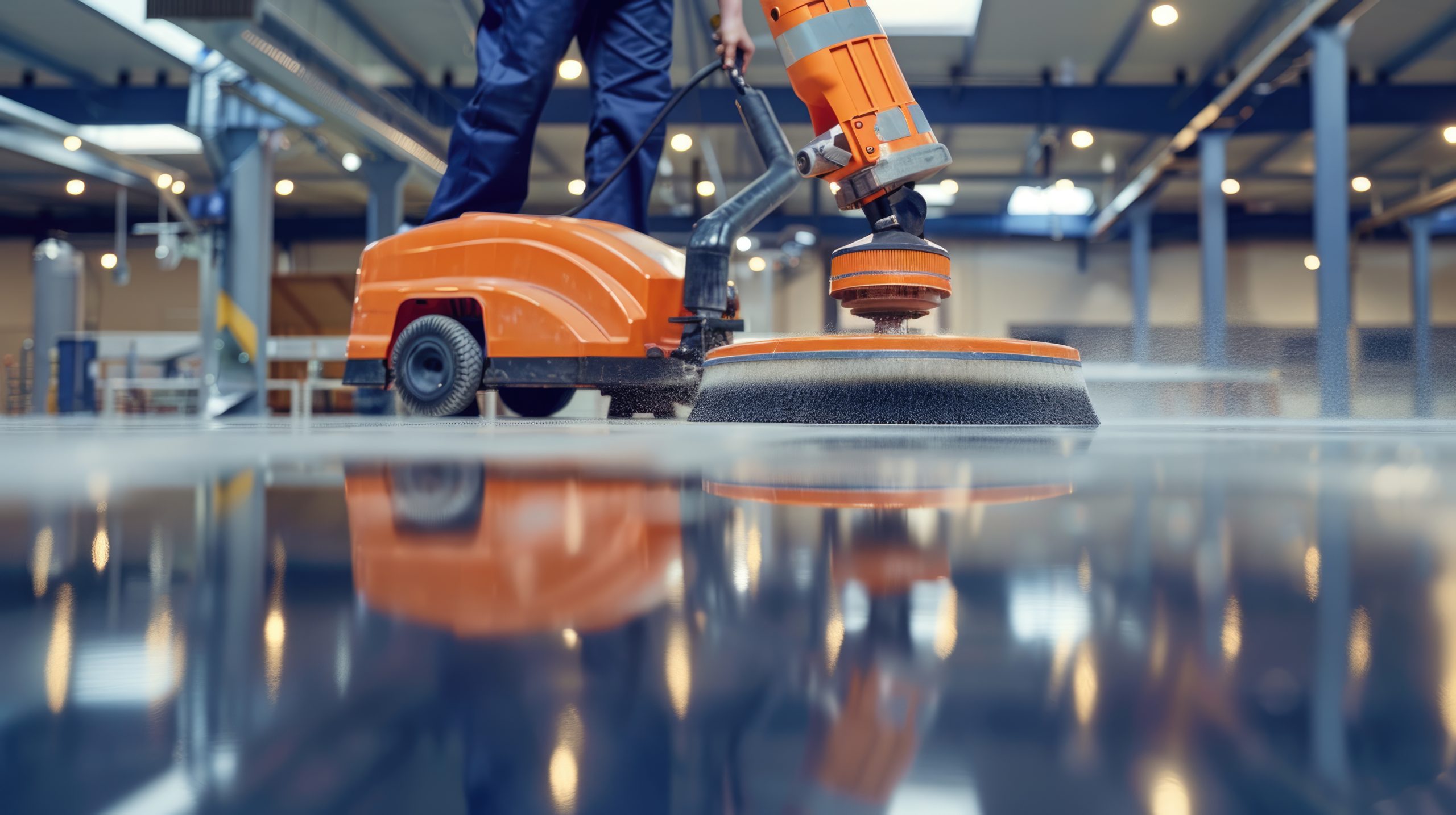 Worker polishing hard floor with high speed polishing ,machine cleaning floor with machine, floor care and cleaning service